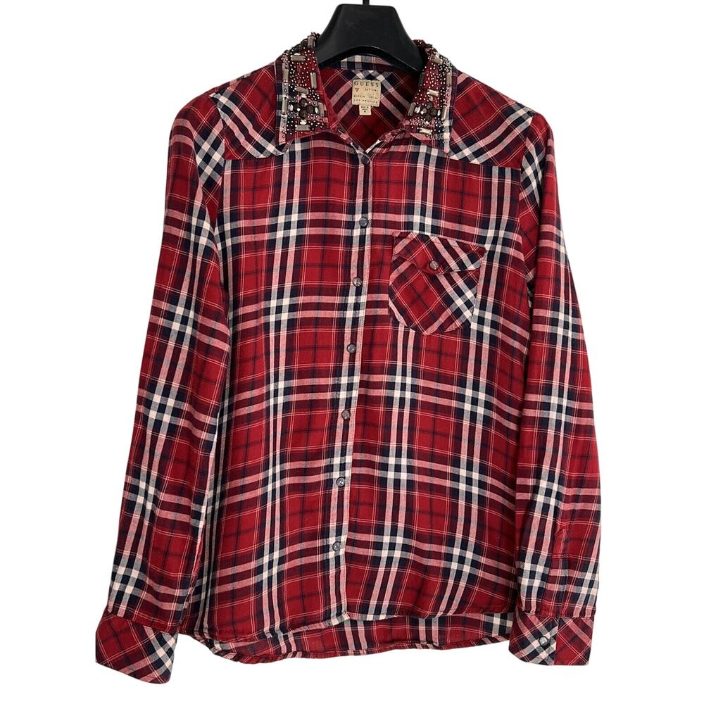 Guess Womens Sz MEDIUM Snap Front Red Plaid Long Sleeve Shirt Embellished Collar